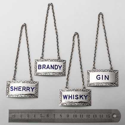 Cast Sterling Silver & Enamel Wine Labels (Set of 4) - Whisky, Brandy, Sherry, Gin